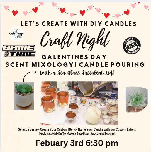 2.3.25 Galentine's Sip & Pour DIY Candle Mixology 6:30pm @ Gametime Peabody, Ma | Open Workshop